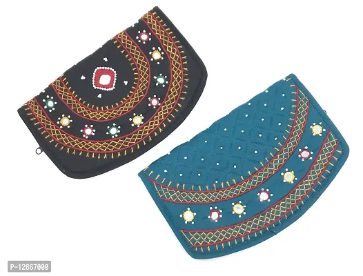 8SriShopify Handicrafts Women Wallet Banjara Hand Purse Girls Stylish, Cotton ladies clutches purses phone case (Black Turquoise 8.5 Inch Original Mirror Beads and Thread Work handmade)