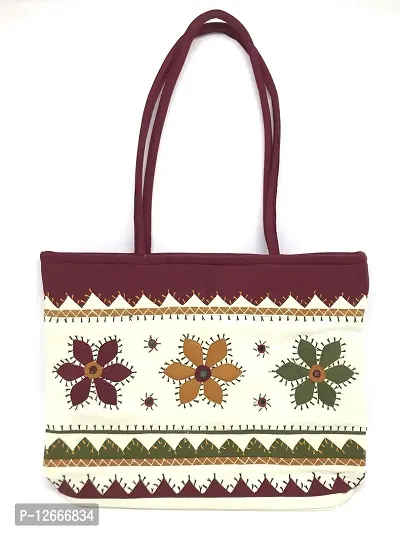 SriShopify Handcrafted Handmade Handbags for Women Traditional Wedding Tote Shoulder Bag White (30x40x10 cm original Mirror Work Applique work Stylish)