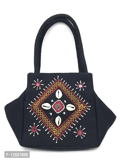 srishopify handicrafts Women's Cotton Traditional Design Mini Handbag cowrie shells Small basket bags for women handmade Girls Hand Purse (Black)