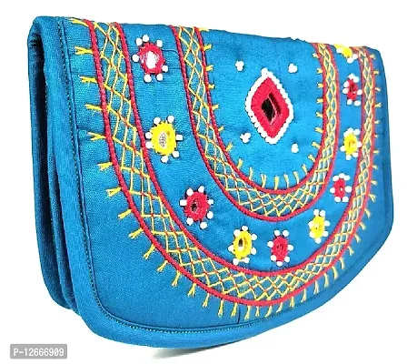 SriShopify Handicrafts Ladies Wallet Banjara Cotton Hand Purse Girls Stylish women clutch purse phone Blue (Medium pouch 8.5 Inch Original Mirror Beads and Thread Work handmade)