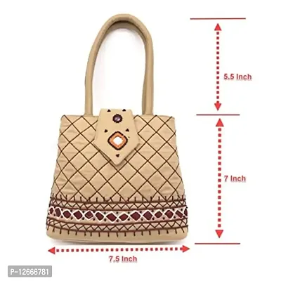 srishopify handicrafts MINI Hand Carry Bags for Women Stylish Banjara Handmade Rajasthani Traditional Small Handle Bag Purse 8.5x.7x2.5 Inch | Beads Thread Work Pouch Tan Beige-thumb3