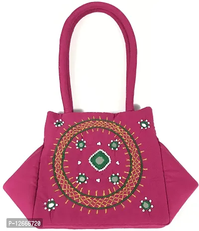 SriShopify Handicrafts Women?s Handbag Banjara Traditional Hobo Bag Purse Cotton handmade (Small, Mirror and Beads thread Work Handcraft Pouch, Pink and Green)-thumb2