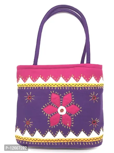 srishopify handicrafts mini hand bag for women stylish handmade bags for gifts applique work bags Cotton (10.5x8x3 inch Thread Work Purple bag)