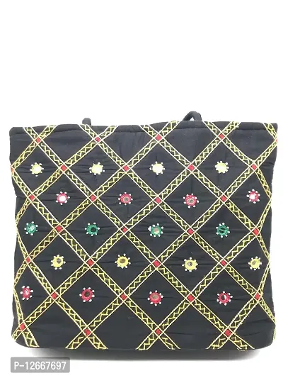 SriShopify Handcrafted Women's Hand Made Traditional Tote Shoulder Bag for Party Wedding Rakhi Gift (30x40x10 cm original Mirror Work applique work Stylish)-thumb2