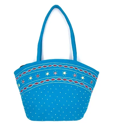 srishopify handicrafts Women's Fabric Shoulder Bag | Embroidery Cotton Hand Bag | Handmade Tote Bag For Women Gift Ideas for Birthday Medium Size Blue