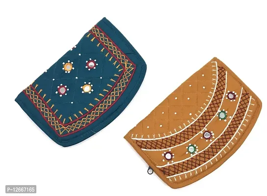srishopify handicrafts Lady Purse for Women Stylish Combo Pack Pocket Purse Girls Cotton Ladies Clutches Wallets for Women (Mini 6.5 Inch Rama Green - Mustard Yellow )