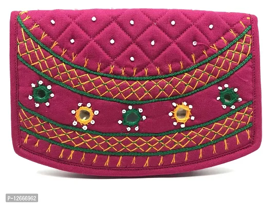 srishopify handicrafts Mini Hand Purse for Women Trendy Pouch Banjara Original Mirror Work Money Wallet for Girls (6.5 inch Small Pouch Pink Two Fold Handmade Thread Work)-thumb0