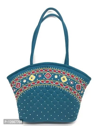 SriShopify Handcrafted Cotton Traditional Ethnic Rajasthani Jaipuri hand embroidery Handbag for Girls Women Medium size Tote 9x13x3 ich Rama green bag-thumb0