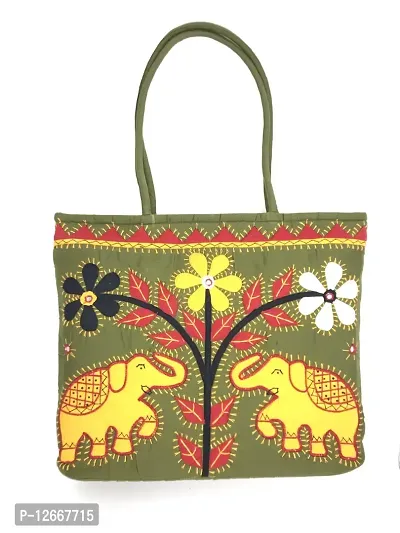 SriShopify Handicrafts Ethnic Multicolour Handbag for women Big size Travel Tote bags with Zip Ladies Olive shoulder bag (18 Inch Mirror Embroidery Work )