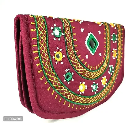 SriShopify Handicrafts Women Wallet Banjara Hand Purse Girls stylish clutches Cotton ladies purse for women design maroon (Medium passport wallet 8.5 Inch Original Mirror Beads and Thread Work)