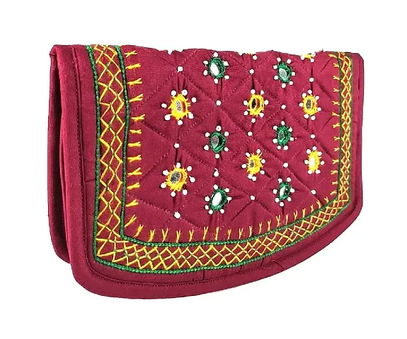 SriShopify Handicrafts Ladies Hand purse Banjara clutch, handmade Girls wallet (Medium 8.5 Inch, Maroon, Mirror work and Thread)