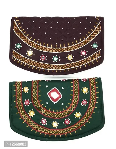 SriShopify Handicrafts Lady Purse for Women Stylish Combo Pack Pocket Purse Girls Cotton ladies clutches wallets for women Handmade (8.5 Inch Brown Green hand embroidered)-thumb0