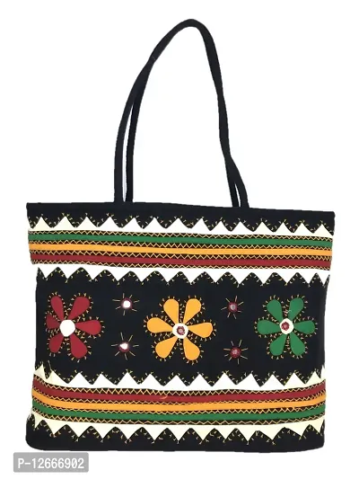 SriShopify Traditonal Ladies Shoulder bag Big Size Handmade Black Handbags for Women Stylish Tote (18 Inch Floral Mirrors Applique Work)-thumb0