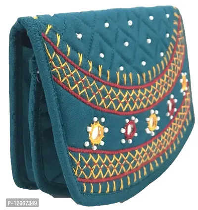 srishopify handicrafts Small Pocket Purse for Women Stylish Trendy Pouch Banjara Original Mirror Work Money Purse for Girls (6.5 inch Mini Pouch Rama Green Two Fold Handmade Thread Work)-thumb5