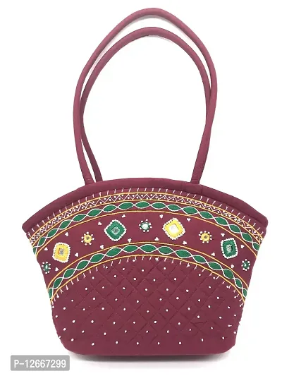 SriShopify Handicrafts Hand Embroidery Tote Bag Handmade shoulder bag for women handbags for ladies stylish (Medium Size9x13x3 inch) Maroon Handbag-thumb0