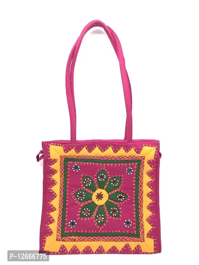 SriShopify Womenrsquo;s Handbag Banjara Traditional Shoulder bag Tote bag Cotton handmade (Pink and Yellow Big size, Mirror and Beads thread Work) Size 25x25x9 cm
