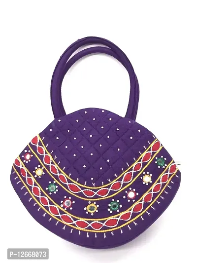 srishopify handicrafts Mini Size Women?s Handbag Banjara Traditional Hobo Bag Purse Cotton handmade purple colour bags (Small size 6.5x9.5x3.5 inch Mirror work Beads thread Work Handcraft Pouch)-thumb0