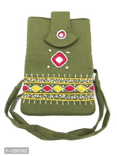 srishopify handicrafts Handmade Banjara Mobile Embroidered Sling Bag For Women Girls Crossbody Long Strap Purse Ladies Natural Style Hanging Purse (Multicolour) (olive green sling bags for women)