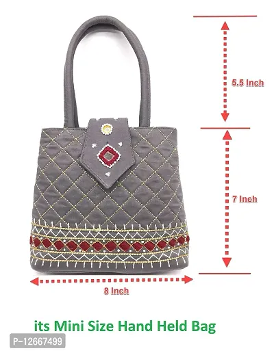 srishopify handicrafts Handheld Mini Bags for Women Handmade Banjara Embroidered Small Handle Purse Girls New Year Pongal Makar Sankranti Gifts | 7.5 Inch | Grey Silver Color-thumb4