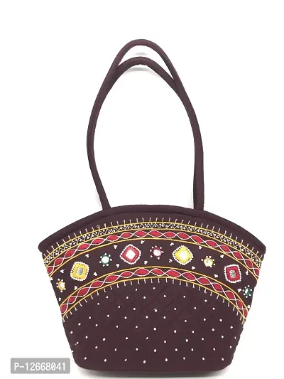 SriShopify Handcrafted Reusable Shoulder Bag with Full Top Zipper, Inner Pocket Traditional Ethnic Cotton handbags for Girls Medium Size Tote bag 9x13x3 inch Brown Color