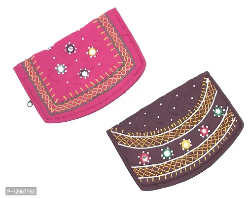 SriShopify Handicrafts Small Pocket Purse for Women Stylish Trendy Pouch Banjara Original Mirror Work Money Purse for Girls (6.5 inch Mini Pouch Pink Brown Colour Two Fold Handmade)-thumb0