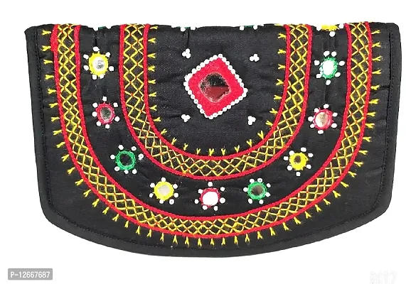 SriShopify Handicrafts Passport Wallet for Women Cotton Banjara Hand Purse ladies clutches purses phone case (Medium Black Wallet 8.5 Inch Original Mirror Beads and Thread Work handmade)