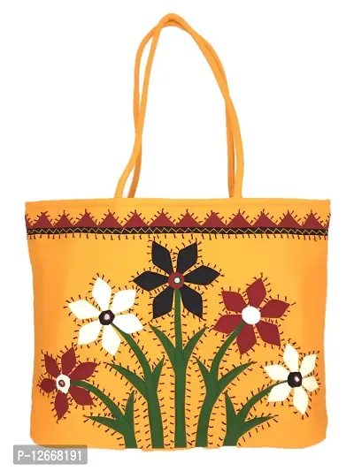 SriShoppify Handicrafts Embroidery Cotton Handbags for Women Stylish Tote Banjara Applique Yellow shoulder bag for ladies (18x13x4 beads and threads work)