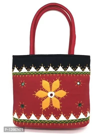 srishopify handicrafts Multicolour Bag For Women MINI Handmade Bags Rajasthani Applique Work Cotton Small Gift Items | 10.5x8x3 Inch Hand Embroidered Red Handbags-thumb0