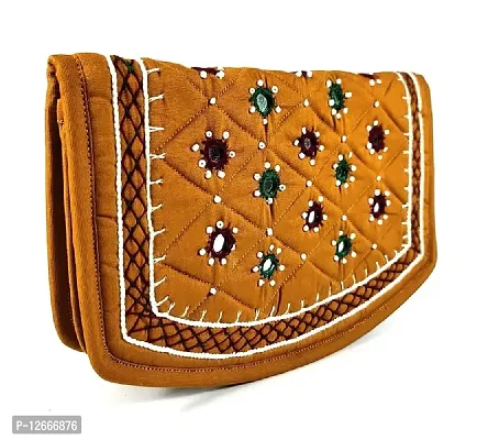 SriShopify Handicrafts Women Hand purse Banjara Designer Girls Clutch, Cotton handmade ladies wallet (Medium 8.5 Inch, Mustard yellow, Mirror, Beads and Thread Work)