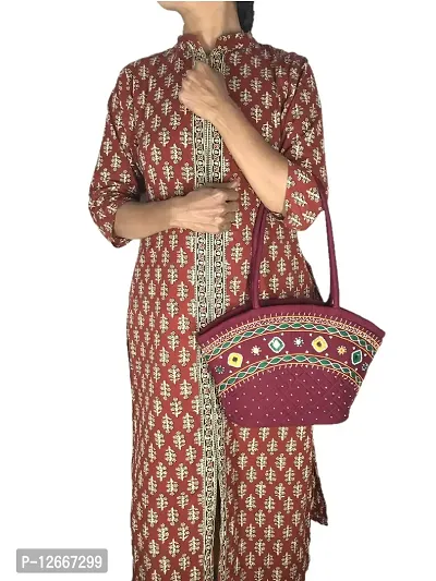 SriShopify Handicrafts Hand Embroidery Tote Bag Handmade shoulder bag for women handbags for ladies stylish (Medium Size9x13x3 inch) Maroon Handbag-thumb2