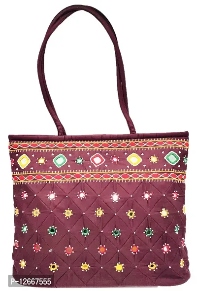 SriShopify embroidered Handcrafted handbags Mirror Thread work Hand bag for Women Travel hand bag | Zipper Tote Bag | ladies Long hand bags | Shopping Handbag (Medium Brown shoulder bags)