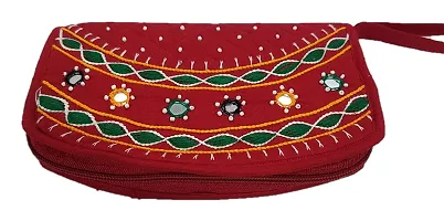 SriShopify Women?s Handpurses Banjara Traditional Clutch with Mobile Pouch Cotton handmade (Medium, Mirror, Beads and Thread Work Handcraft, Red)-thumb2