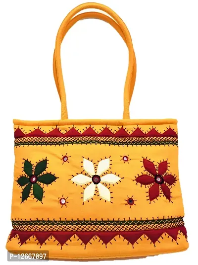 SriShopify Handcrafted mirror work handbags for women embroidered hand bags| Medium Handbag for Women | Zipper Tote Bag for Grocery, Travel | Shopping Yellow Handbag