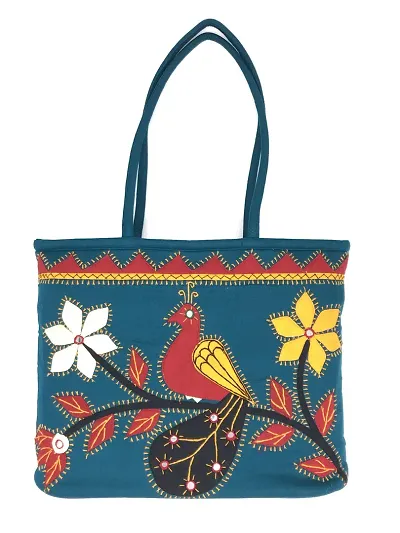 SriShopify Handicrafts Cotton Handbags for Women Medium Size shopping bag handmade Embroidery 14x10x4 Inch (Needle craft Original beads Thread work bag)