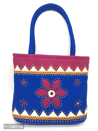 srishopify handicrafts mini hand bags for women bags handbags top handle bags for women applique work bags Cotton (10.5x8x3 inch Blue handbag)