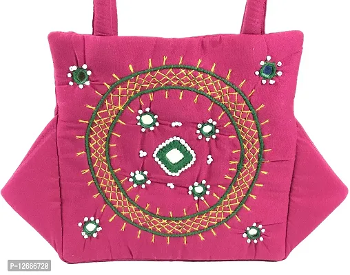 SriShopify Handicrafts Women?s Handbag Banjara Traditional Hobo Bag Purse Cotton handmade (Small, Mirror and Beads thread Work Handcraft Pouch, Pink and Green)-thumb5
