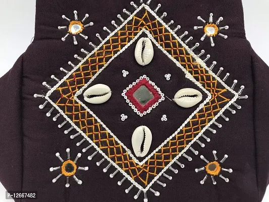 srishopify handicrafts kaudi shells Mini traditional hand bag for women stylish banjara design Hobo Bags Cotton handmade coffie bag (Small size 10x6x4 Inch original Beads Thread Work)-thumb4