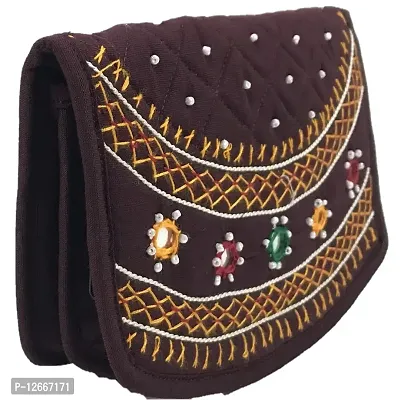 SriShopify Handicrafts Mini Hand Purse for Women Trendy Pouch Banjara Original Mirror Work Money Pocket Wallet for Girls (6.5 inch Brown Small Pouch Two Fold Handmade Thread Work)-thumb5