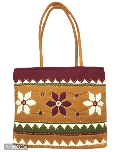 SriShopify HandMade Tote Bag For Women Multipurpose Handbag Shoulder Bag For Shopping, Travel, Work, Beach, Office mustard gold (30x40x10 cm original Mirrors applique)