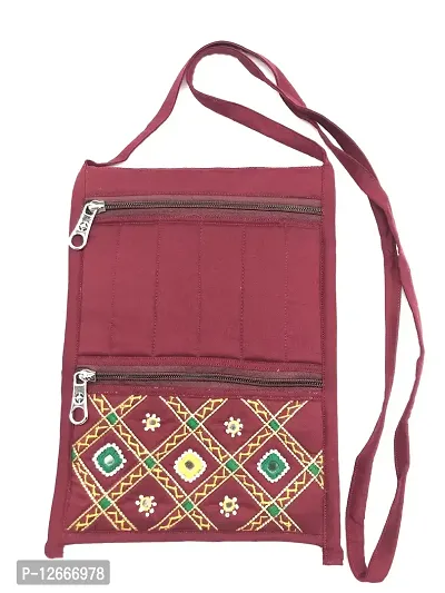 srishopify handicrafts Cross Body Travel Mobile Pouch Sling Messenger Bag for Women embroidered Maroon (Medium 11x7.5 in Mirror Work Thread)