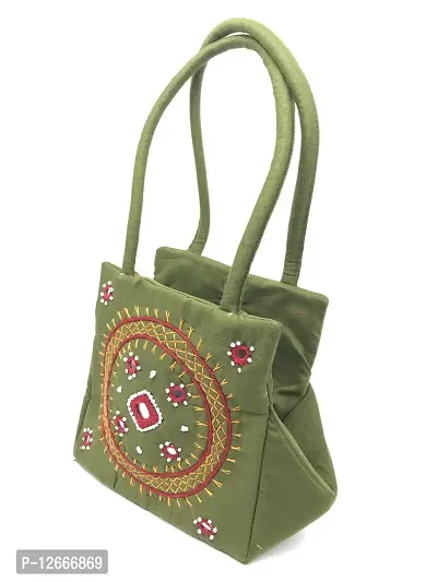 srishopify handicrafts Women Handbag Small Size Mini shopping bag handmade Eco- Friendly Cotton 9x6x4 Inch mehandi color (Needle craft Original beads Thread work bag)