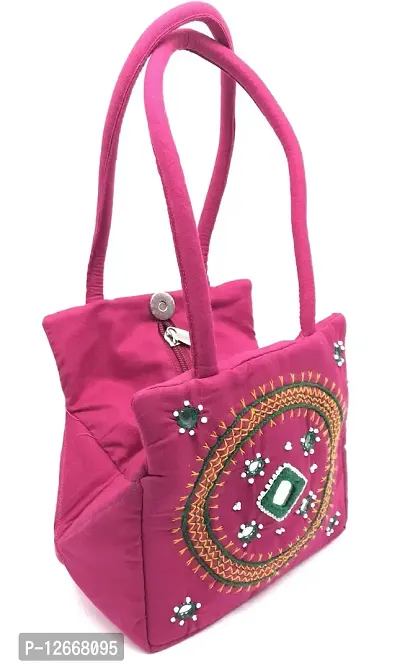 srishopify handicrafts Mini Traditional Hand Bag for Women Stylish Design Small Handle Bags Cotton Handmade Pink Bag 9x6x4 Inch(Rajasthani Original Beads and Thread Work)