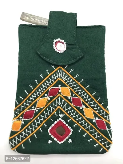 SriShopify Handmade Cotton Waist Clip Mobile Purse for Women Saree Hook Clutch (6 Inch Hand Embroidered Applique Work, Green)