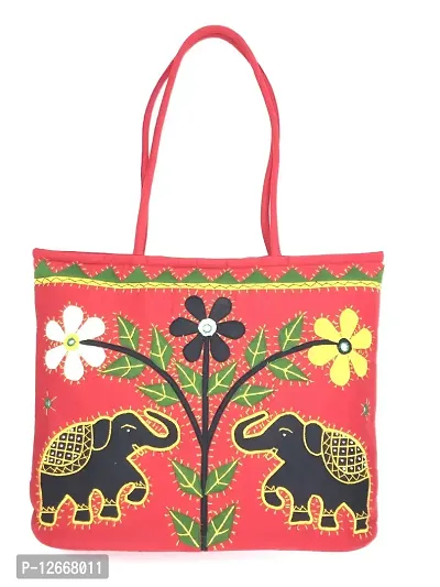 SriShopify Handmade Handbags for Women Stylish Large Shoulder Bags for Ladies Red Tote bag (18 Inch Cotton Embroidery Applique work)