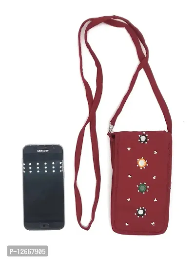 SriShopify Handicrafted Women's Small Cross Body Phone Bag Stylish Cotton Handmade Embroidery Mobile Cell Phone Holder Pocket Purse Wallet Sling Bag Mini Shoulder Bags Navratri Gifts Kanya Maroon-thumb2