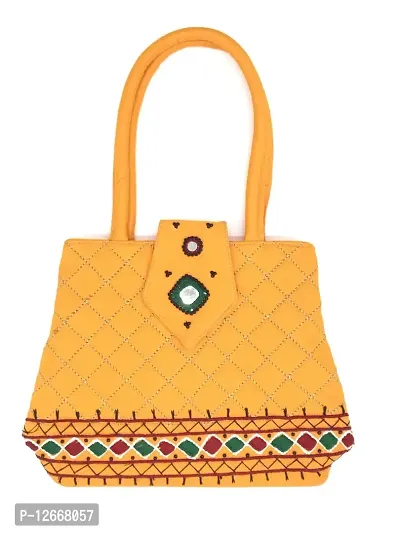 srishopify handicrafts Women Hand held bag Small Size Banjara Traditional Mini Handle Bag handmade Hand Purse Cotton 8.5x.7x2.5 Inch Size original Beads Thread Work (yellow handbags for women)-thumb0