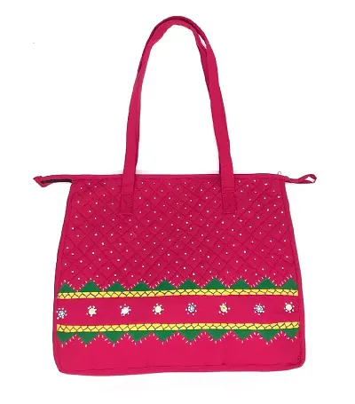 srishopify handicrafts Handbags for Women Traditional Embroidery Ladies Shopping Hand Bags Handmade Cotton Travel Tote Bags Unique Gift Items Medium Size Pink