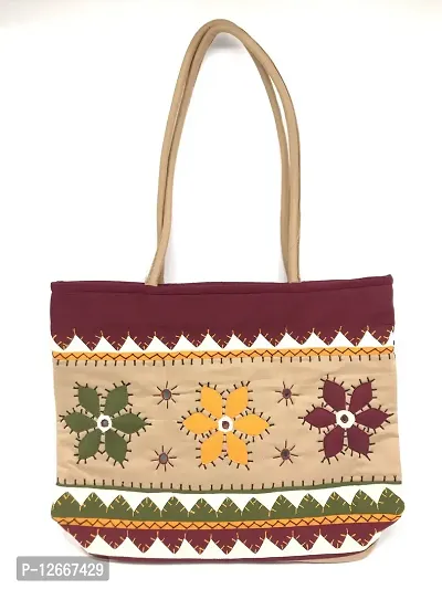 SriShopify Handcrafted Handbags for Women Shoulder Tote Bags Rakhi gift for sister beige hand bag (30x40x10 cm original Mirror Work applique work Stylish)-thumb0