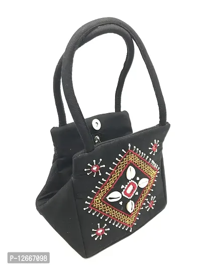 srishopify handicrafts Women's Cotton Traditional Design Mini Handbag cowrie shells Small basket bags for women handmade Girls Hand Purse (Black)-thumb4