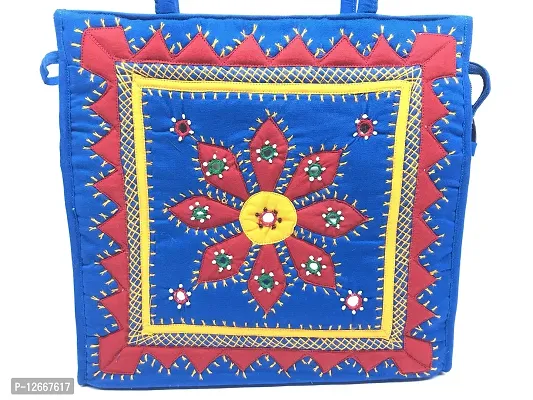 SriShopify Handicrafts applique patch work handbags Multipurpose hand bag for women Reusable Cotton Grocery Shopping Tote Bags Medium Size 25 x 25 x 9 CM Blue  Red-thumb2